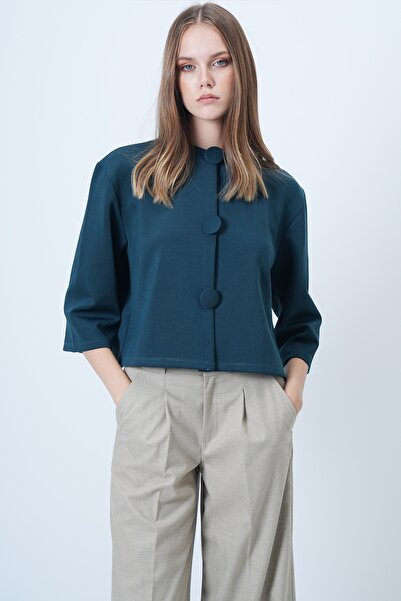 Trend Alaçatı Stili Γυναικείο μπουφάν με πράσινη επικάλυψη με κουμπιά με λαιμόκοψη ειδικής σχεδίασης ALC-X14647