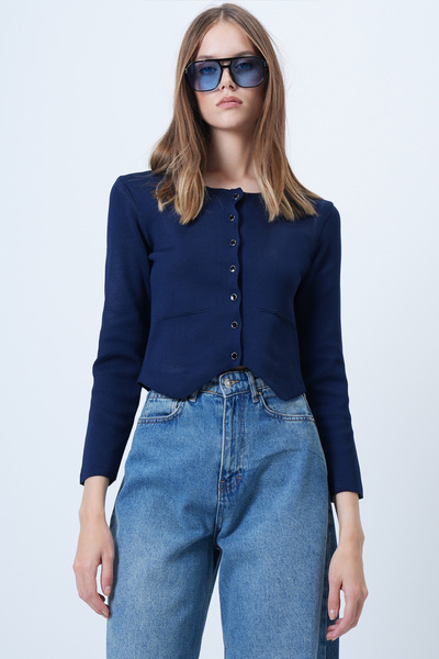 Trend Alaçatı Stili Women's Navy Blue Crew Neck Button Front Knit Blouse Alc-X14600