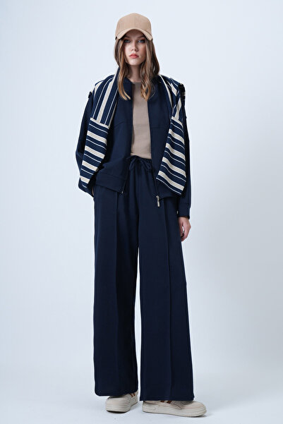 Trend Alaçatı Stili Women's Navy Blue High Collar Stitching Detailed Jacket and Casual Cut Trousers Set Alc-X14605