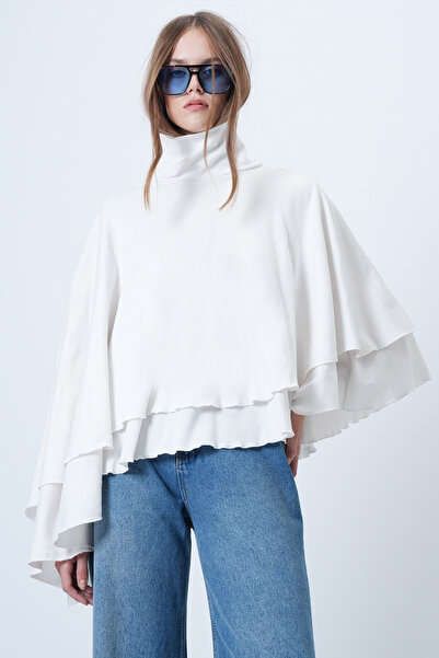 Trend Alaçatı Stili Women's White Turtleneck Soft Textured Poncho-Look Stylish Blouse Alc-X14645