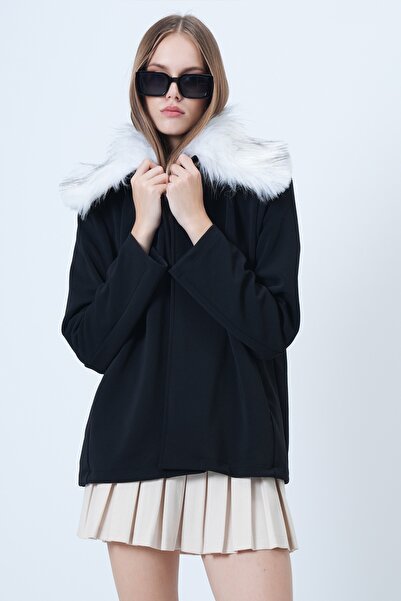 Trend Alaçatı Stili Women's Black Detachable Collar Faux Fur Thick Coat with Hidden Pockets Alc-X14642