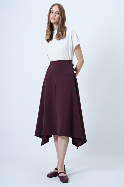 Trend Alaçatı Stili Women's Burgundy Gold Button Detailed Midi Length Skirt Alc-X14639