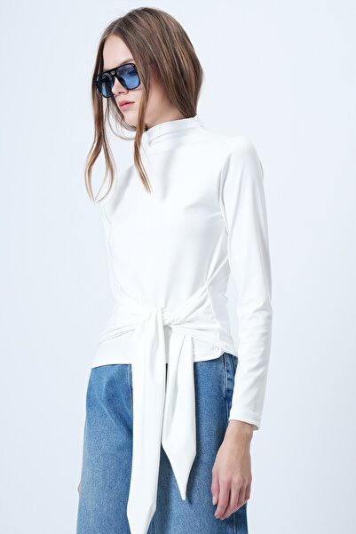 Trend Alaçatı Stili Women's White Stand Collar Waist Tie Blouse Alc-X14652