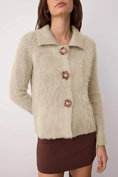 Trendyol Collection Mink Rose Button Detailed Boucle Yarn Knitwear Cardigan Twoaw26Hi00109