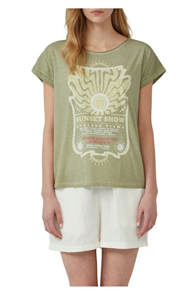 QS by s.Oliver μπλουζάκι με χαλαρή εφαρμογή με στάμπα μπροστά, μακρύτερο στο πίσω μέρος, ριμπ άκρες, ζέρσεϊ, στρογγυλή λαιμόκοψη,