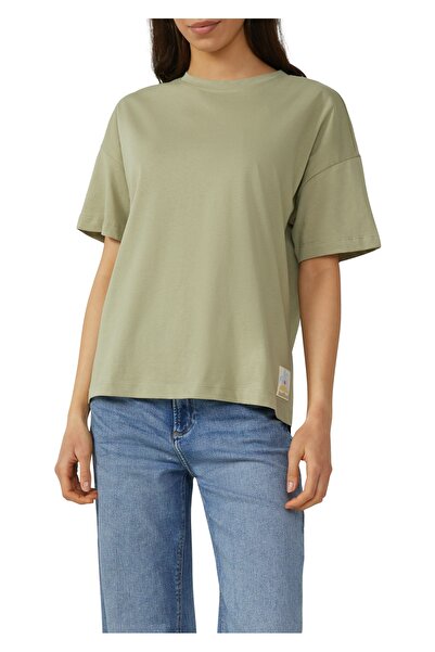 QS by s.Oliver Luźny t-shirt z naszywką z palmą na dole, dzianina, bawełna, okrągły dekolt, nadruk z logo, lekko