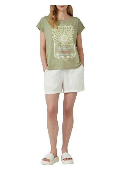 QS by s.Oliver μπλουζάκι με χαλαρή εφαρμογή με στάμπα μπροστά, μακρύτερο στο πίσω μέρος, ριμπ άκρες, ζέρσεϊ, στρογγυλή λαιμόκοψη,