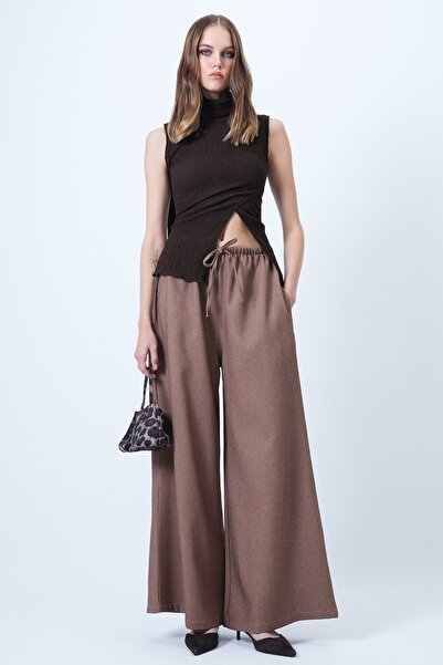 Trend Alaçatı Stili Women's Brown Double Pocket Tie Detail Wide Leg Velvet Trousers Alc-X14569