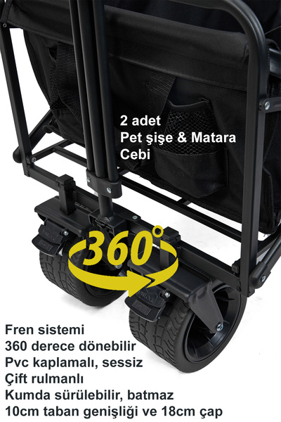 moniev Kamp Arabası Siyah Katlanır Taşıma Arabası Büyük Vagon Araba Frenli Ve Geniş Tekerlekli