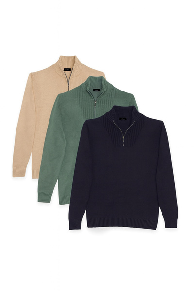 Tudors Erkek 3'lü Paket Lacivert-Taş-Yeşil Slim Fit Dar Kesim Fermuarlı Dik Yaka Triko Kazak