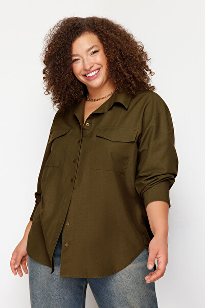 Trendyol Curve Khaki Cotton Long Sleeve Double Pocket Skirt Slit Poplin Woven Plus Size Shirt
