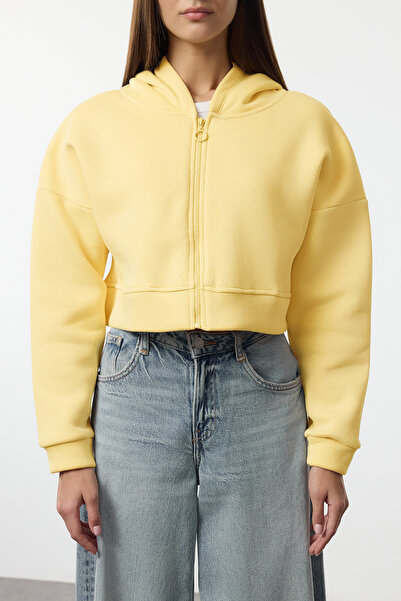 Trendyol Collection Відкритий жовтий капюшон на блискавці, зручний крій, товстий, з флісовою підкладкою, в'язаний світшот TWOAW20SW0660