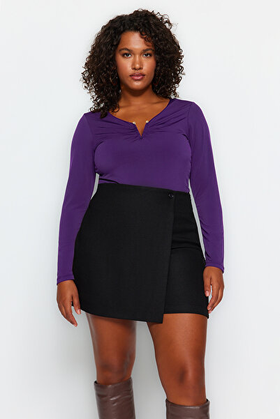 Trendyol Curve Purple V-Neck Sandy Knitted Plus Size Blouse Tbbaw24Af00030