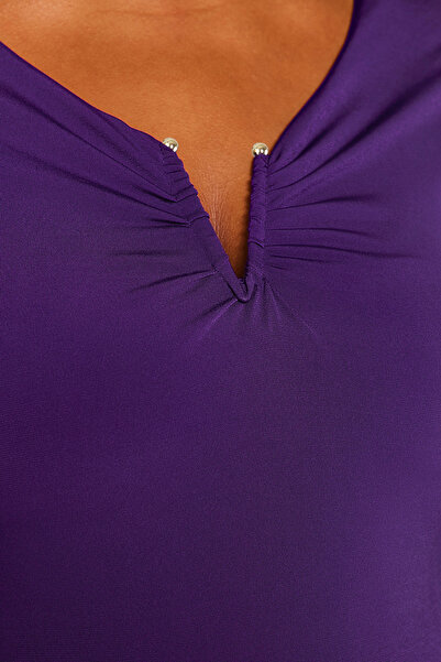 Trendyol Curve Purple V-Neck Sandy Knitted Plus Size Blouse Tbbaw24Af00030