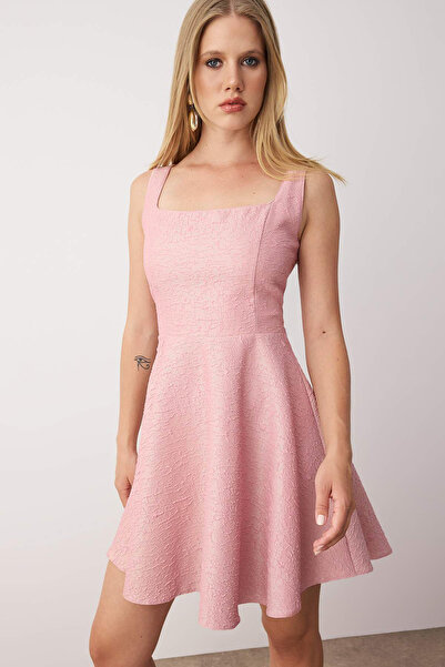 Trendyol Collection Pink A-Line Jacquard Mini Stylish Evening Homecoming Dress Tprss25El00311