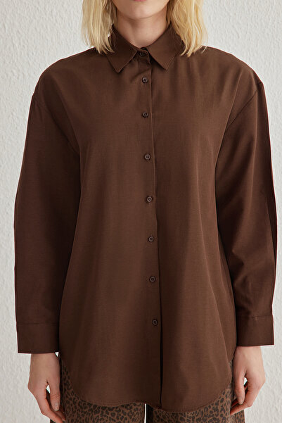 Trendyol Collection Кафява стандартна стандартна тъкана риза Twoss25Go00095