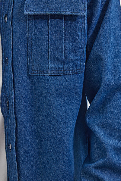 Tudors Unisex Relax Fit Rahat Kesim Denim Kot Çift Cepli Indigo Overshirt Ceket Tarzı Gömlek
