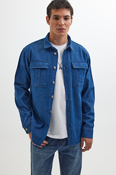 Tudors Unisex Relax Fit Rahat Kesim Denim Kot Çift Cepli Indigo Overshirt Ceket Tarzı Gömlek