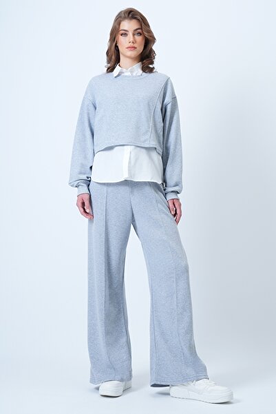 Trend Alaçatı Stili Women's Grimelange Special Stitch Detailed Sweatshirt and Comfortable Cut Ribbed Trouser Set Alc-X14608