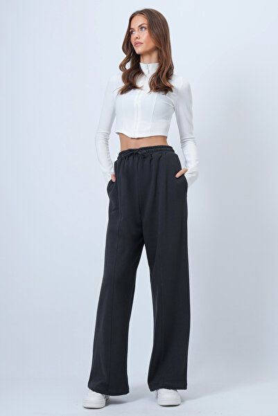 Trend Alaçatı Stili Women's Anthracite High Waist Front Slit Thick Palazzo Pants Alc-X14566