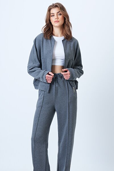 Trend Alaçatı Stili Women's Anthracite High Collar Stitching Detailed Jacket and Casual Fit Trousers Set Alc-X14605