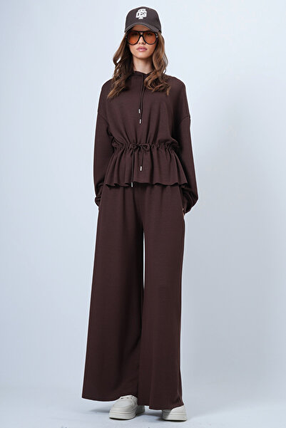 Trend Alaçatı Stili Women's Bitter Brown Hooded Drawstring Waist Modal Blouse and Pants Set Alc-X14668