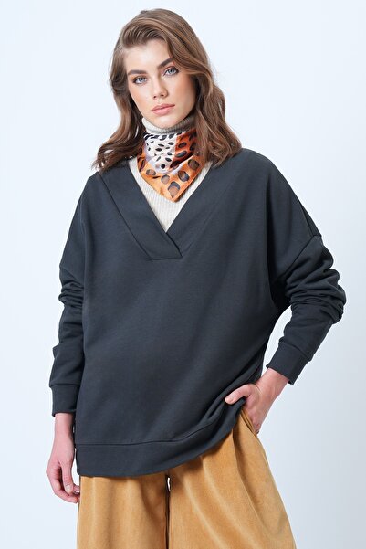 Trend Alaçatı Stili Women's Anthracite V-Neck Double-Breasted Oversized Sweatshirt Alc-X14555