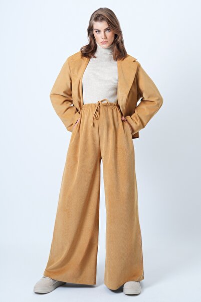 Trend Alaçatı Stili Women's Mustard Double Pocket Lace-Up Detail Wide Leg Velvet Trousers Alc-X14569
