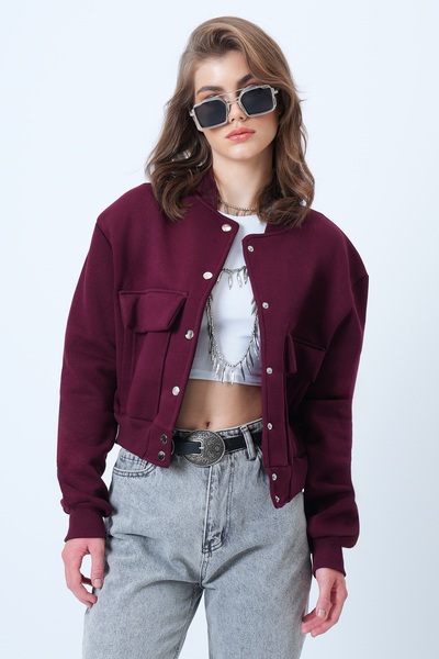 Trend Alaçatı Stili Γυναικείο μπουφάν με διπλή τσέπη με κουμπωτά κλείσιμο σε μπορντό χρώμα επένδυση fleece Crop Jacket ALC-X10940