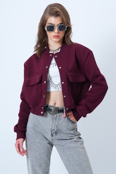 Trend Alaçatı Stili Γυναικείο μπουφάν με διπλή τσέπη με κουμπωτά κλείσιμο σε μπορντό χρώμα επένδυση fleece Crop Jacket ALC-X10940