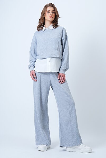 Trend Alaçatı Stili Women's Grimelange Special Stitch Detailed Sweatshirt and Comfortable Cut Ribbed Trouser Set Alc-X14608