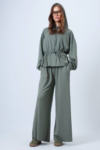 Trend Alaçatı Stili Women's Khaki Hooded Drawstring Waist Modal Blouse and Pants Set Alc-X14668