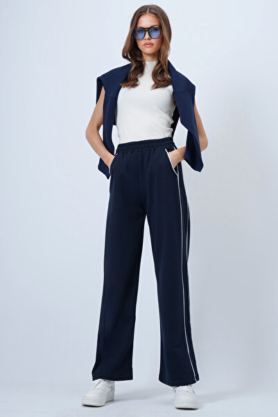 Trend Alaçatı Stili Marineblaue Damen-Jogginghose mit weitem Bein und Paspelierung, elastischer Bund, ALC-X14611