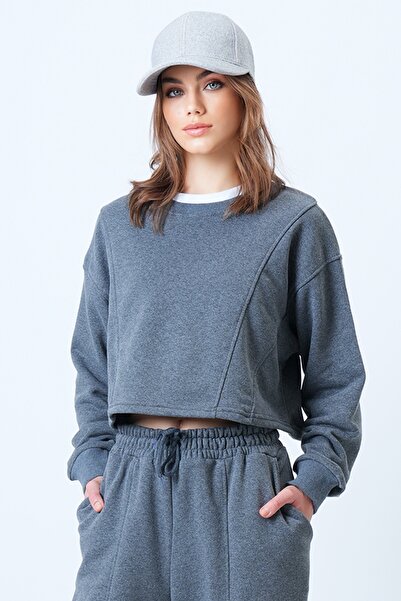 Trend Alaçatı Stili Women's Anthracite Special Stitch Detail Sweatshirt and Comfortable Cut Ribbed Pants Set Alc-X14608