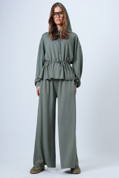 Trend Alaçatı Stili Women's Khaki Hooded Drawstring Waist Modal Blouse and Pants Set Alc-X14668