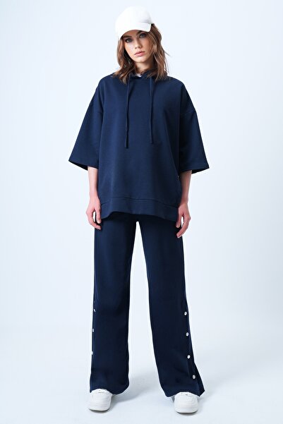 Trend Alaçatı Stili Women's Navy Blue Hooded Sweatshirt with Side Slits and Wide Leg Pants Set Alc-X14607