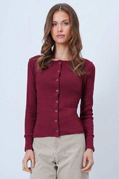 Trend Alaçatı Stili Kadın Bordo Geniş Manşetli Dikiş Detaylı Önü Düğmeli Kaşk...
