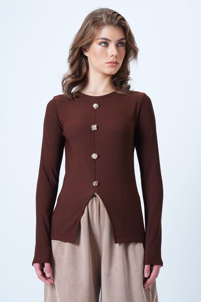 Trend Alaçatı Stili Női fahéj-barna, nyakú, elöl hasított, gombos, részletesen kidolgozott Ottoban blúz ALC-X14345
