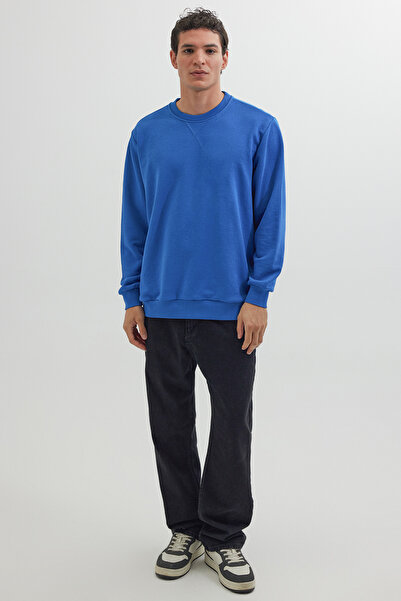 Tudors Unisex Relax Fit Rahat Kesim %100 Pamuk Basic Saks Mavi Bisiklet Yaka Sweatshirt