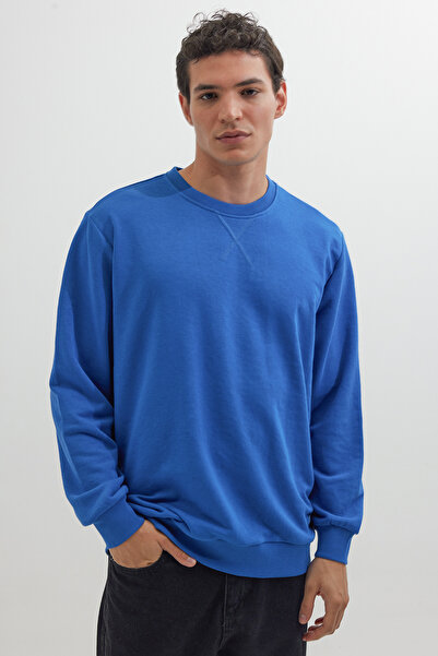 Tudors Unisex Relax Fit Rahat Kesim %100 Pamuk Basic Saks Mavi Bisiklet Yaka Sweatshirt