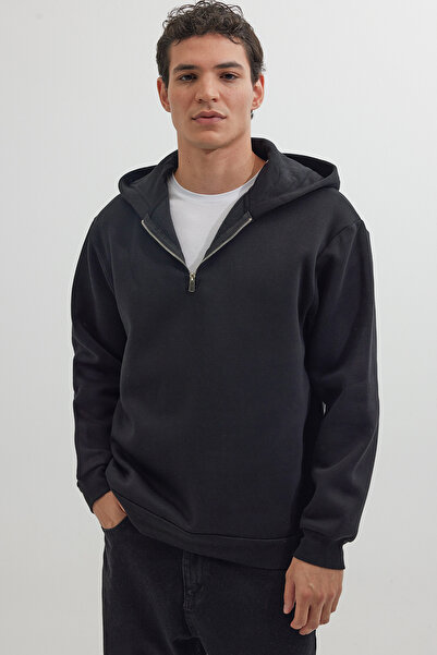 Tudors Unisex Relax Fit Rahat Kesim Pamuklu İçi Polarlı Yarım Fermuarlı Siyah Kapüşonlu Sweatshirt