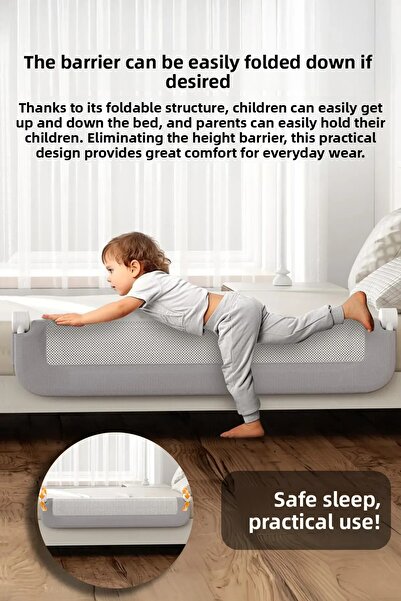 Meleni Baby 180X65 cm Folding Baby Bed Barrier - Mega Size Protection Barrier Protective Base Railing Gray