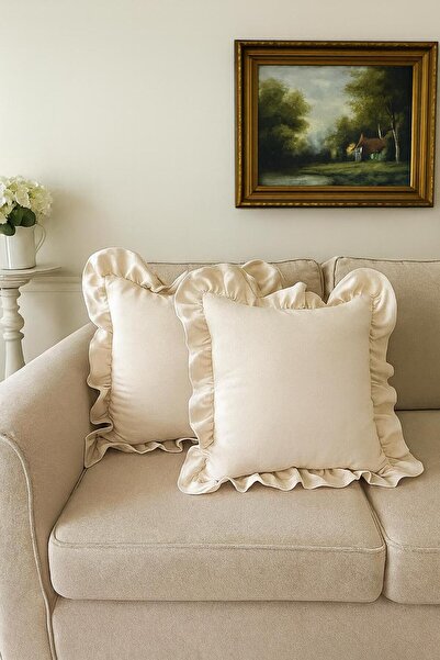 tab-linnn Pera 2'li Naturel Ham Keten Fırfırlı Kırlent-rustik, el dikişi, yas...