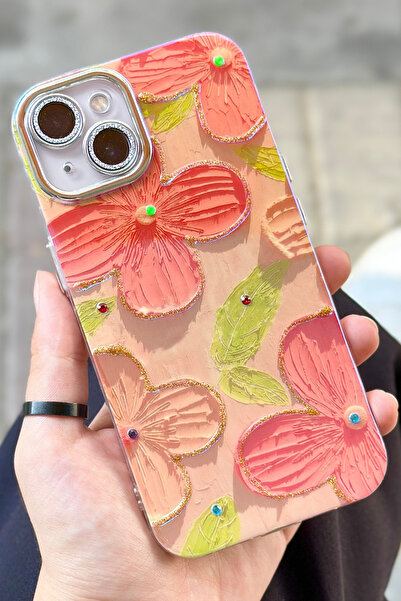 Vip Case iPhone 13 Flower Pattern Self Lens Protection Electroplating Glossy Stylish Hologram Paint Case