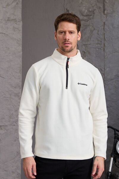 COMBİNE MİCHAİL Erkek Kışlık Kalın Yarım Fermuar Pamuklu Kumaş Polar Ceket EKRU