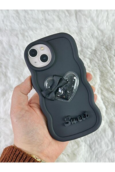 Vip Case iPhone 15/14 ve 13 ile Uyumlu Renkli Kalp Kurdele Detaylı Simli Dalgalı Sweety Kılıf