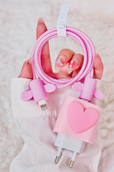 Vip Case İphone 18w/20w Uyumlu Şarj Başlık Kablo Koruyucu Örme Set Pembe Kalp...