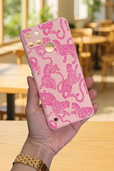 Vip Case Realme C21Y Ve C25Y -PEMBE LEOPAR DESENLİ Silikon Darbe Emici Klasik Korumalı Rubber Kılıf