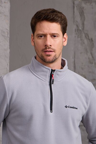 COMBİNE MİCHAİL Erkek Kışlık Kalın Yarım Fermuar Pamuklu Kumaş Polar Ceket GRİ