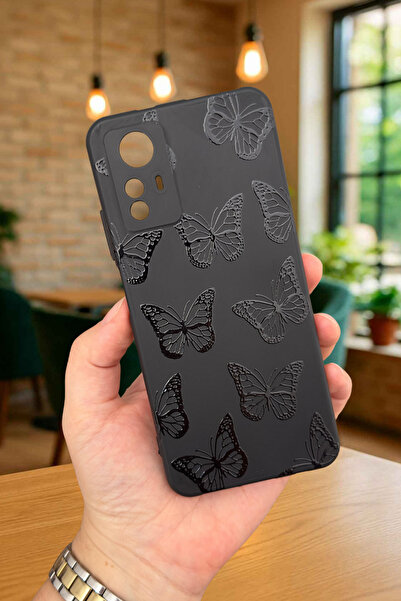 Vip Case Redmi Note 12S Black Butterfly Patterned Silicone Shock-Absorbing Classic Protective Rubber Case